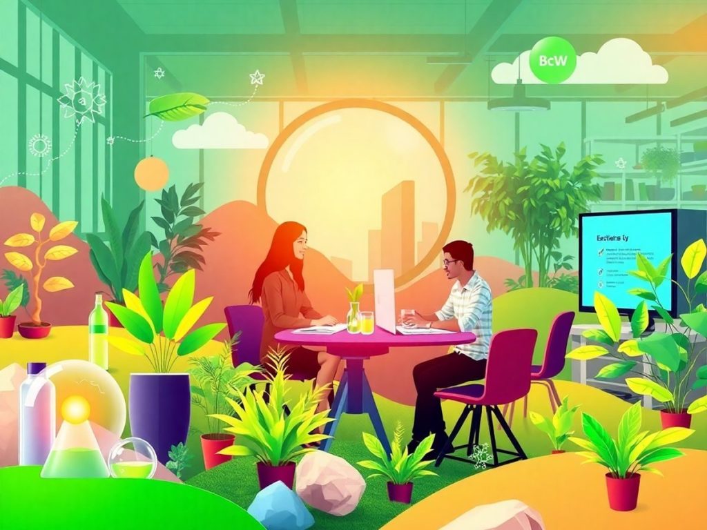 Peisaj digital cu afaceri sustenabile și tehnologie verde.