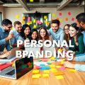 Birou modern cu profesioniști colaborând la branding personal.