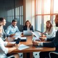 Oameni de afaceri reuniți în jurul unei mese de conferințe