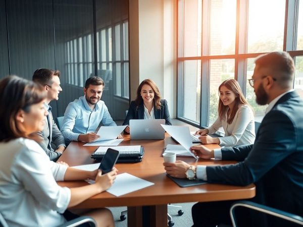 Oameni de afaceri reuniți în jurul unei mese de conferințe